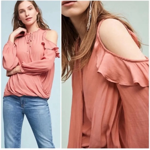 Anthropologie Maeve Liesel Mint Wrap Ruffle Cold Shoulder Blouse Medium - Picture 8 of 9